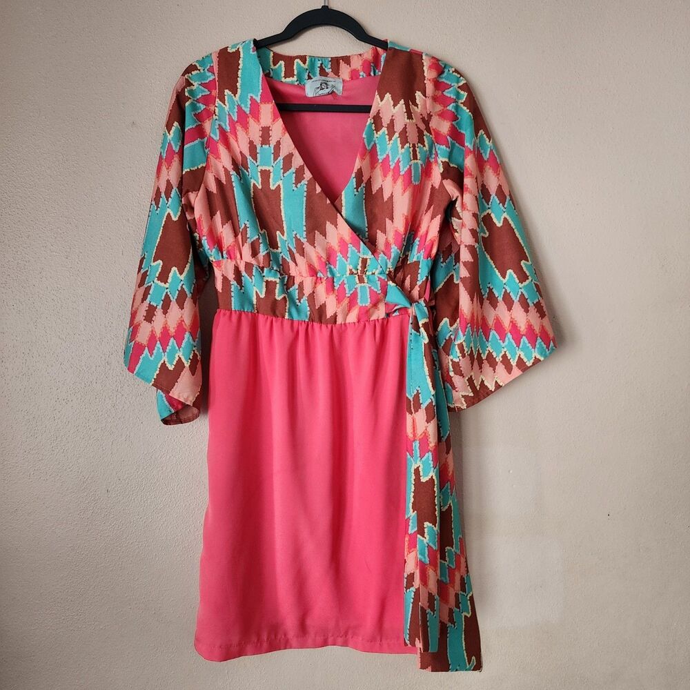 Judith March Dress Retro Print Size Medium Bell Sleeves Tie Front